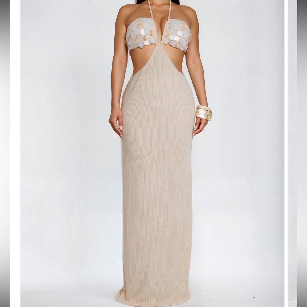 Blithe LA women’s Elegant Beige Halter knit Maxi Dress